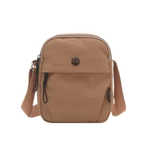 Minimalist khaki nylon crossbody bag with adjustable strap and metallic logo plaque