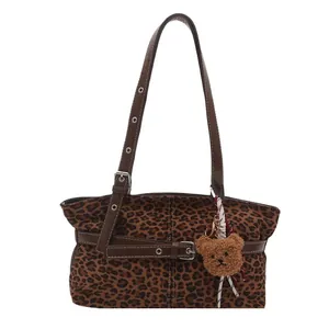 Retro leopard print suede tote bag for women with bear pendant and scarf decoration