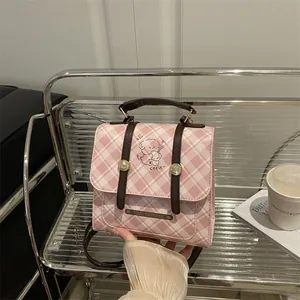 Sac à Dos Vintage à Carreaux pour Femmes Sac Bandoulière Mode en Cuir PU Sac Carré Chien Dessin Animé pour École Quotidien