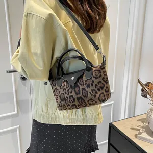 French style leopard print dumpling handbag with black leather handles for women
