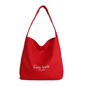 Large capacity red canvas tote bag with C'est la vie artistic print for daily commute