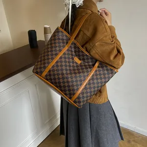 Retro brown checkered pattern oversized tote bag with premium leather handles for women