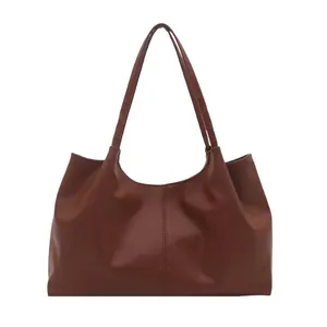 Caramel brown leather tote bag for women with large capacity and soft matte texture