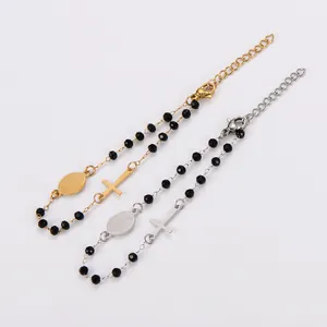 Bracelets rétro en perles noires et acier inoxydable avec pendentifs croix or et argent