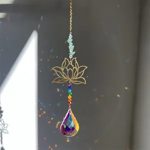 Detail of crystal suncatcher showing lotus charm and rainbow prisms on neutral background