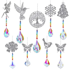 Set of 9 crystal suncatchers with metal animal pendants and rainbow prism ball ornaments