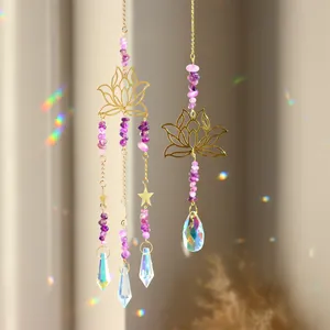 Λεπτομέρεια από λωτό suncatcher με αμέθυστο και κρυστάλλινα πρίσματα που αντανακλούν φως