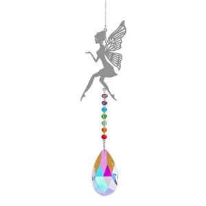 Fairy suncatcher with chakra beads and AB crystal teardrop prism for garden decor