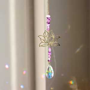 Detailed view of lotus suncatcher with amethyst stones and crystal prism for window