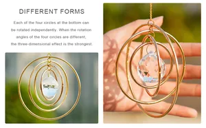 Detail of rotating 3D suncatcher with four gold circles and faceted crystal drop