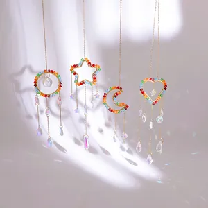 Crystal Suncatcher Rainbow Maker Metal Frame Moon Star Heart Circle Hanging Prism Wind Chime For Garden Window Home Decor Gift