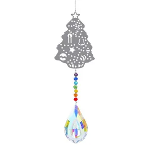 Christmas tree crystal suncatcher with rainbow beads and faceted teardrop prism pendant