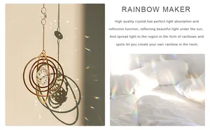 Close-up of golden concentric suncatcher rings casting rainbow light on bedroom walls
