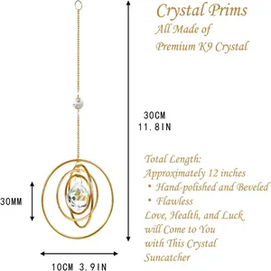 Solar system galaxy crystal suncatcher with golden nested rings and K9 crystal prism