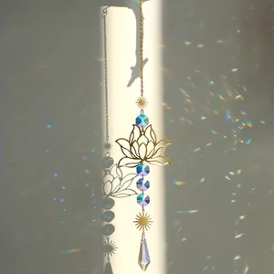 Lotus suncatcher with amethyst crystal drops and golden lotus metal pendant for windows