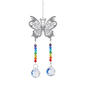 Detailed silver butterfly suncatcher with rainbow crystal beads and faceted glass balls