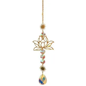 Lotus suncatcher with purple amethyst natural stones and rainbow crystal pendant