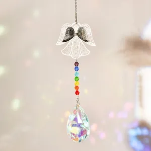 Detail of silver angel suncatcher with rainbow beads and faceted teardrop crystal