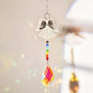 Rainbow crystal angel suncatcher with colorful beads and faceted water drop prism detail