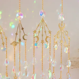 Detail of crystal suncatcher showing gold celestial motifs and rainbow light prisms