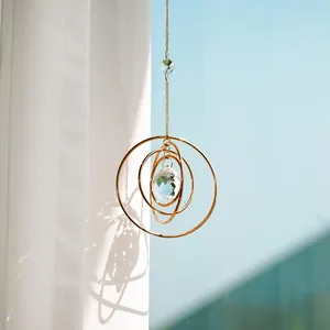 Geometric Gold Plated Alloy Crystal Suncatcher Wind Chime Galaxy Planet Moon Concentric Rings Rainbow Maker For Window Garden