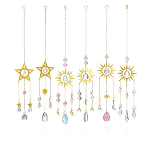 Set of 6 golden suncatchers with celestial moon and star crystal ball hanging pendants