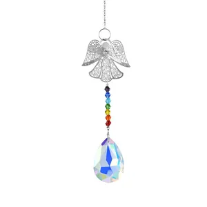 Detail of silver angel suncatcher with rainbow crystal beads and faceted teardrop prism