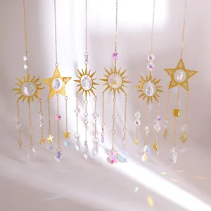 Crystal Alloy Suncatcher Wind Chime Hanging Pendant Gold Metal Sun Moon Star Celestial Decoration For Window Garden Home