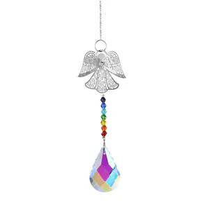 Detailed view of silver metal angel suncatcher with rainbow beads and crystal pendant