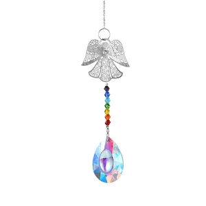 Detail of silver angel suncatcher with rainbow beads and faceted crystal drop pendant