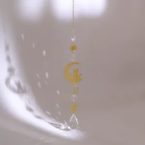Goldener Mond-Katze Sonnenfänger mit Kristallprismen als Deko für Fenster und Garten