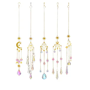 5-piece celestial suncatcher set with gold metal moon star charms and crystal prisms