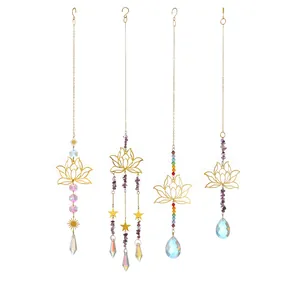 Σετ 4 κρυστάλλινα suncatchers με χρυσό λωτό, αμέθυστο και λαμπερά πρίσματα για κήπο