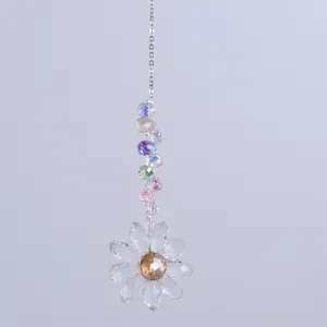 Detail showing crystal sunflower suncatcher with multi-colored beads and amber center