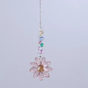 Detail of pink crystal flower suncatcher with colorful beads and gold metal chain