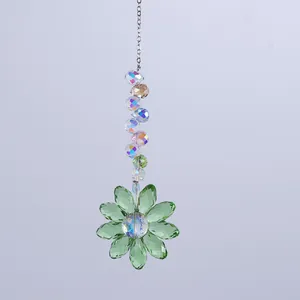 Macro view of green crystal sunflower pendant with iridescent AB coating beads