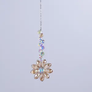 Detail of sunflower crystal suncatcher with champagne glass petals and faceted rainbow beads