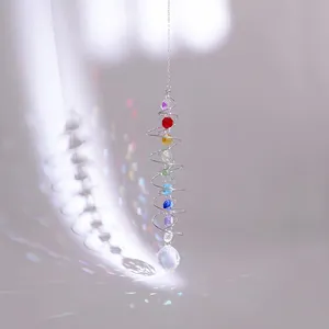 Chakra crystal suncatcher spiral with eight colored beads and multi-faceted glass ball pendant