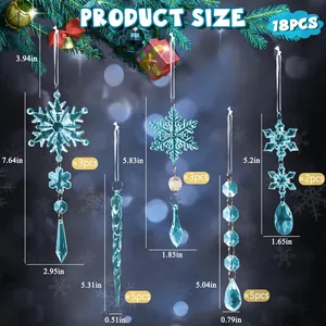 18pcs light blue acrylic snowflake and icicle Christmas tree ornaments set on festive background