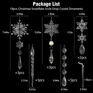 Detailed size chart of 18pcs clear acrylic snowflake and icicle Christmas ornaments