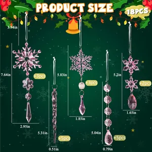 Detailed size chart for 18pcs clear acrylic snowflake and icicle Christmas tree ornaments