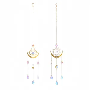 Large celestial suncatcher with sun, moon and crystal prism pendants for window decor