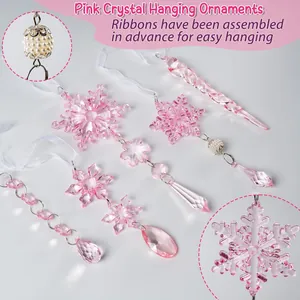 Detail of 18pcs pink acrylic snowflake ornaments with ribbons for Christmas tree decor