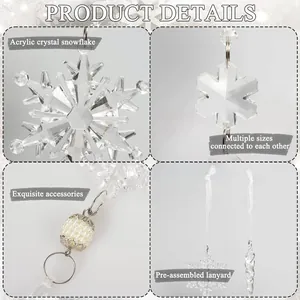 Detailed views of acrylic Christmas snowflake ornaments with faux pearls and pre-strung cords