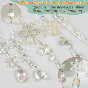 Iridescent acrylic snowflake and icicle ornaments with pre-assembled hanging ribbons