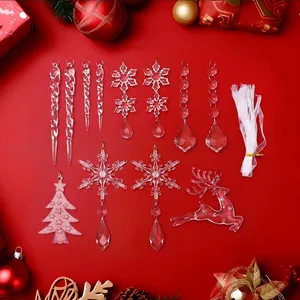 12Pcs clear acrylic Christmas snowflake and reindeer hanging ornaments for tree