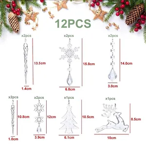 12pcs set of clear acrylic Christmas ornaments with snowflakes deer and icicles for tree