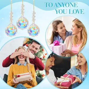 Detailed view of iridescent crystal teardrop prisms and gift-giving scenes for holiday decor