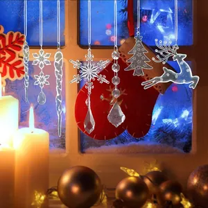 Macro shot of 12-piece clear acrylic Christmas snowflake deer and icicle tree ornaments