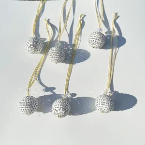 6-piece white sparkling rhinestone ball ornaments with gold ribbons for Christmas tree